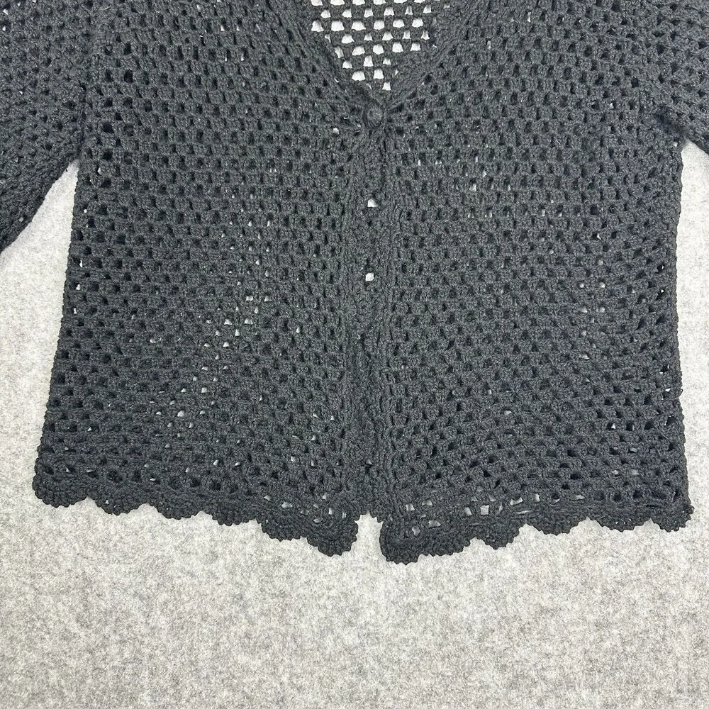 VTG Norm Thompson Black Crochet Knit Cardigan Sweater Sz S Linen Cotton Scallop